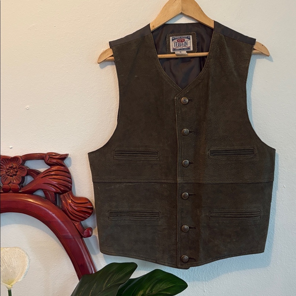 Vintage New Terrain Olive Green Leather Button Down Vest Size M